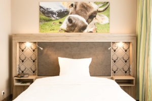 Queensize-Zimmer, Kuh über dem Bett, Hotel Bavaria Oldenburg